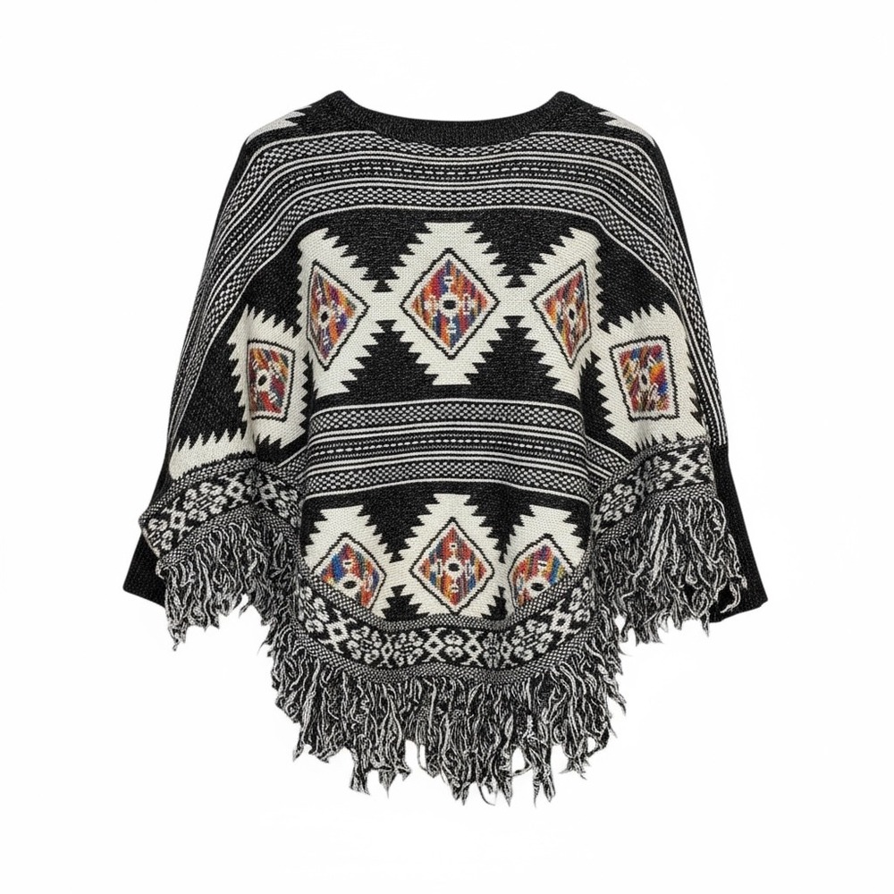 Poncho Sweater‎ Womens One Size Black Aztec Southwestern Fringe Knit Boho Tribal